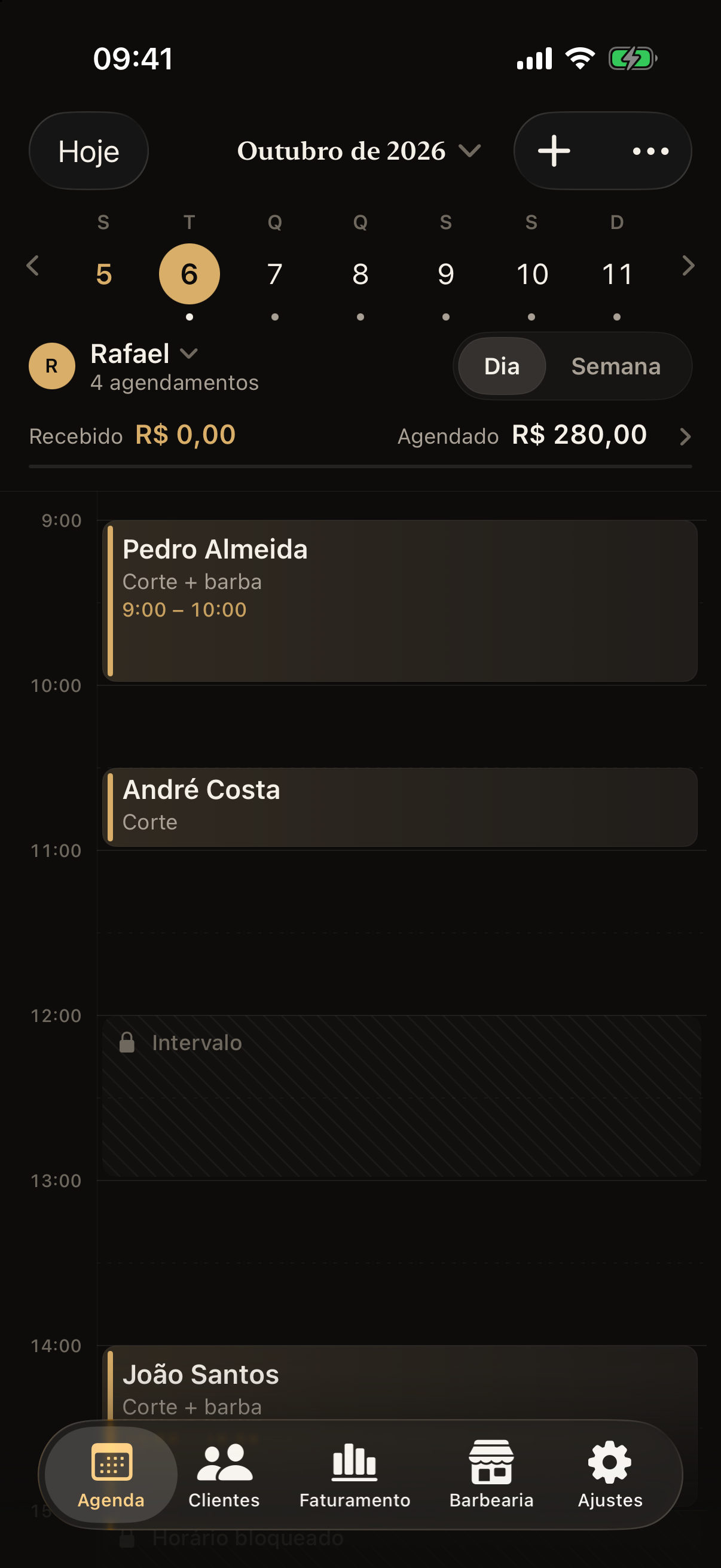 A agenda do Fio no iPhone, com os horários do dia
